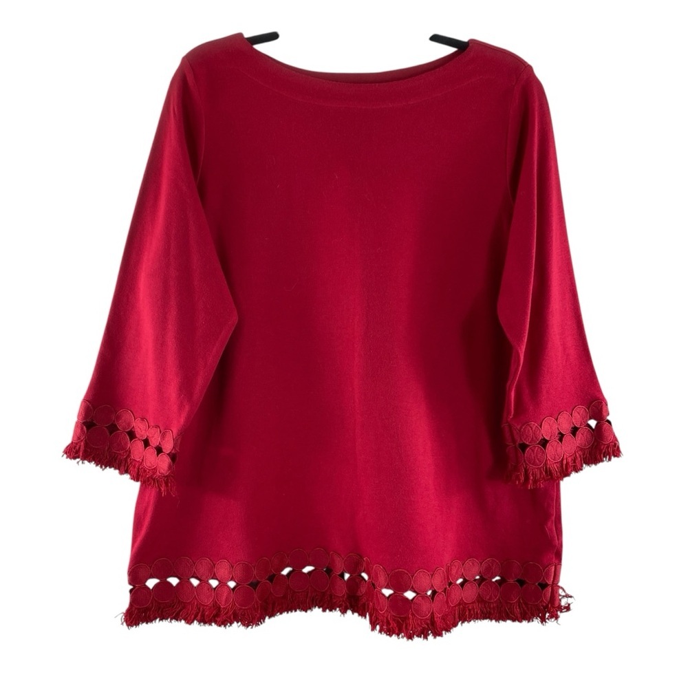 Hasting & Smith Red Embellished Fringe Cuffs and Bottom Hem Top Tunic Sz XL
